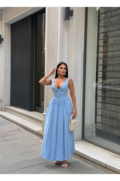 Stil Sepeti Rochie maxi din popelin cu umeri cu detaliu corset cu decolteu în V albastru pentru femei ELY-1000475210