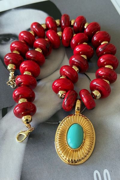 Trendy Butik Vip Red Beaded Turquoise Stone Necklace