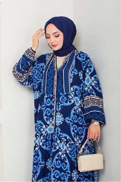 Bestenur Rayer Φόρεμα με μισό κουμπί υφαντό βισκόζη 1497 - Navy Blue