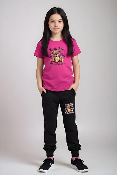 FYK KİDS Girl's Round Neck Printed Bearly Chillin Lower-Top Pjamas Suit
