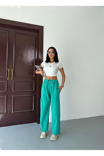 Zeo Basic Parachute Fabric Cargo Pants with Pockets, Waist and Leg Elastic Detail