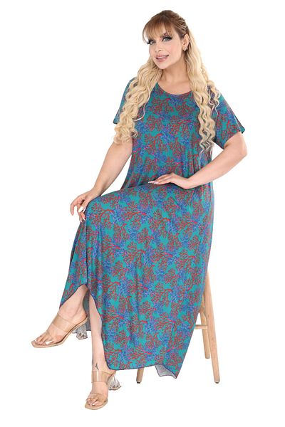 MELSAY Plus Size Asymmetric Cutout - Φόρεμα με κοντό μανίκι με στάμπα μπλε κοραλί