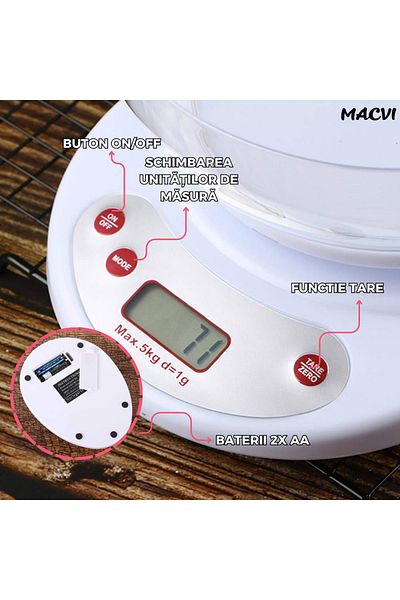 MACVI Cantar de Bucatarie Macvi® cu Bol, 5 Kg, Display LCD, Inchidere Automata