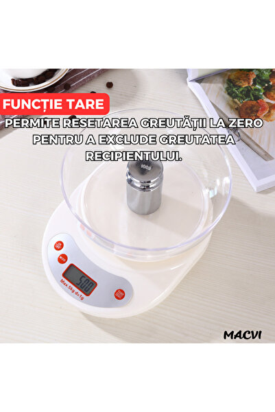 MACVI Cantar de Bucatarie Macvi® cu Bol, 5 Kg, Display LCD, Inchidere Automata