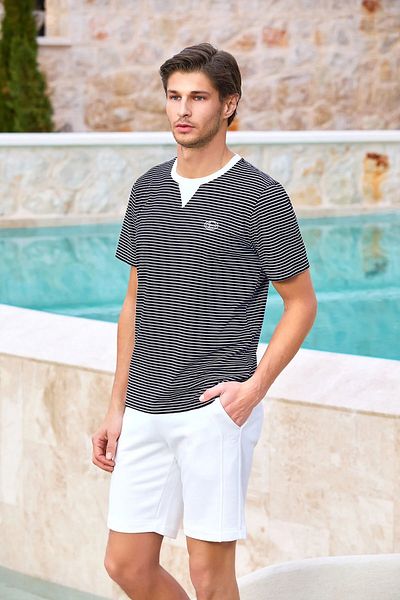 Mavelle Men's Short Sleeve Striped Bottom Top Set 25926