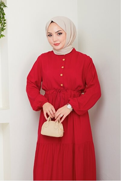 Bestenur Yasen Half Button Woven Viscose Dress 1508 - Claret Red