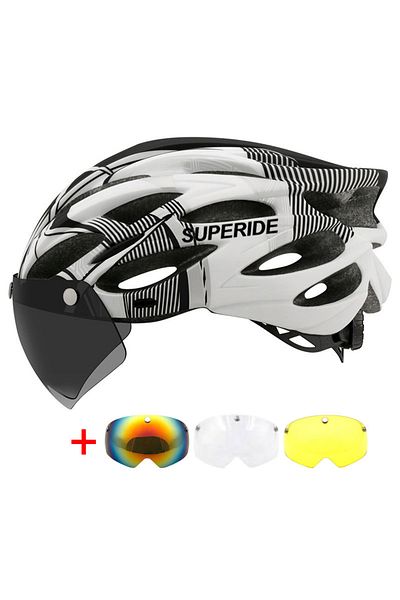 Choice White 4 Lens SUPERIDE Ultalight Cycling Helmet with Magnetic Googles & Sun Visor Men Women In-mold R
