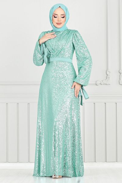 ModaMerve Βραδινό φόρεμα Hijab με κορδόνια μανσέτας 5690END900-M Light Mint