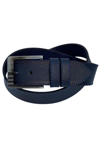 Süzer Deri Синій штучний шкіряний ремінь з синьою строчкою, 4,5 см, унісекс, спортивний - 4547