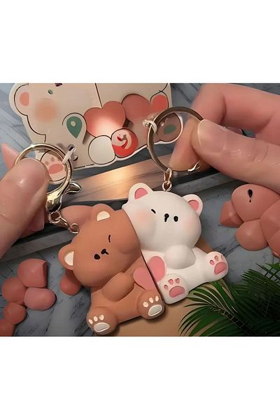 PiyaCraft 2-Piece Magnetic Cute Teddy Bear Dear Friend Couple Keychain Accessory