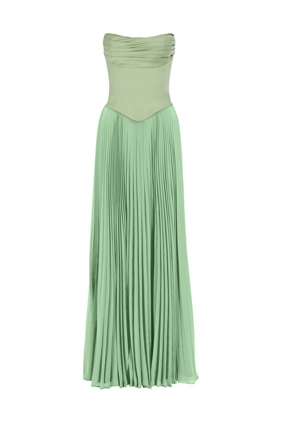 cercis Straplez Drapeli Eteği Piliseli Uzun Abiye Elbise