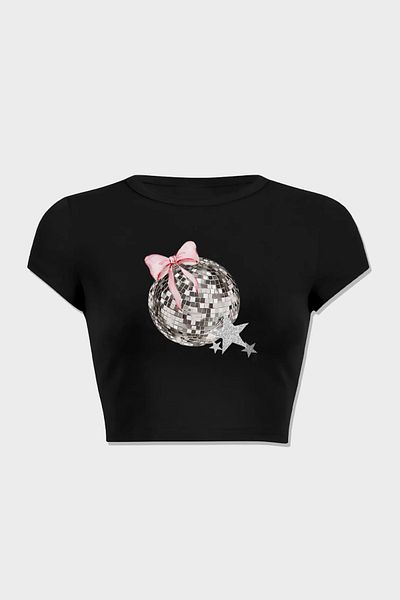 3 ROPE Women's Disco Ball Ribbon Printed 100% Cotton Crop T-Shirt Blouse Black