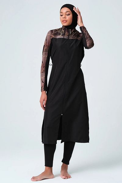Bordomix 23512 Women's Black Zipper Detailed Long Hijab Swimsuit
