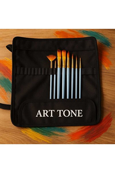 Art Tone 10'lu Fırça Seti ve Rulo Fırçalık Yuvarlak Yelpaze Düz Kedi Dili Resim Akrilik Yağlı Guaj Suluboya