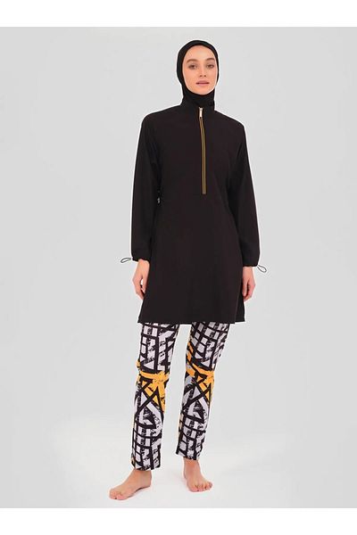Bordomix 24302 Women's Black Sleeve Adjustable Patterned Hijab Swimsuit