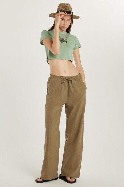Tudors Kadın Relax Fit Rahat Kesim Beli Lastikli Bağlamalı Haki Pantolon