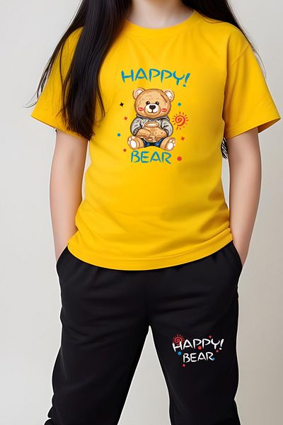 FYK KİDS SET DE Pijamale CU DETALIE ÎN TALIE HAPPY BEAR IMPRIMATE FETE