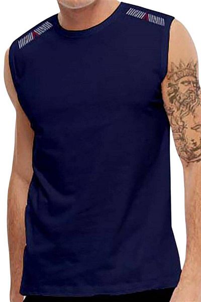 Miami Beach Navy Blue Breathable Fabric Zero Sleeve Lycra Men's T-Shirt - 0355-Navy Blue