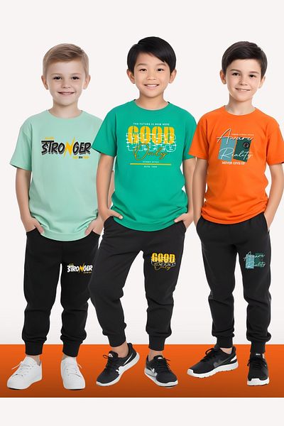 FYK KİDS Boy's Set of 3 the Moon-Good Text Printed Summer Top-Bottom Set