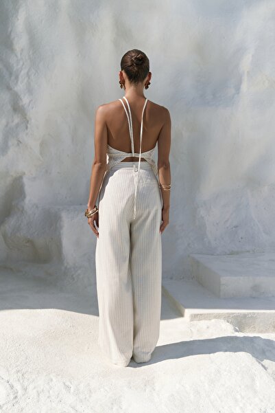 BOHEMAİ Set pantaloni crop bej cu dungi Behin