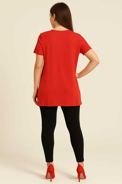 gigigiyim B Neck Side Slit Viscose Fabric Women's T-Shirt Red