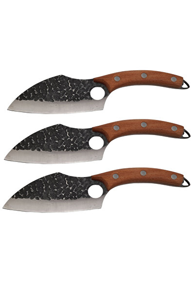 Depox Set de trei cuțite de măcelar, lucrate manual, 27 cm, oțel inoxidabil, mâner din lemn, teacă din piele