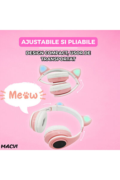 MACVI Macvi® Wireless Foldable Cat Ear Headphones, Bluetooth 5.0, HiFi, Bass Stereo, LED, Pink