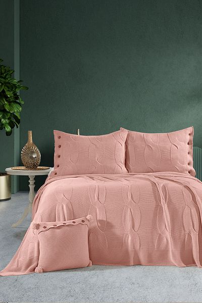 DOUX HOME طقم مفرش سرير تريكو مزدوج من كاليف 240 × 260 سم بودرة