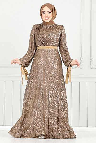 ModaMerve Manşeti Bağcıklı Tesettür Abiye 5690END900-M Koyu Vizyon