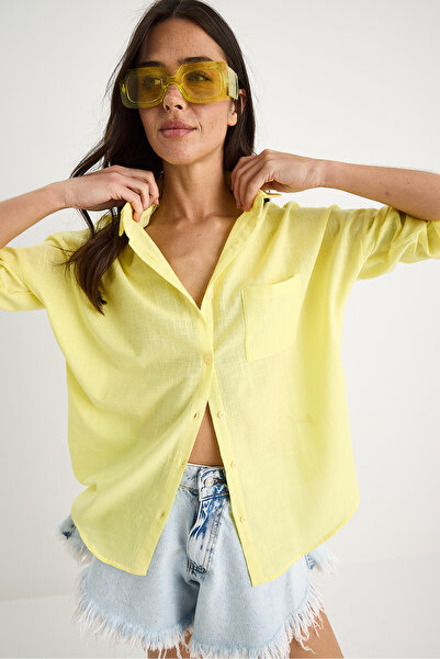 Bianco Lucci Women's Single Pocket Oversize Linen Shirt 25626 60284054