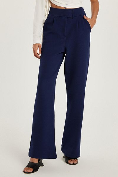 Tudors Women's Relax Fit Relaxed Cut Wide Leg Navy Blue Trousers with Pockets