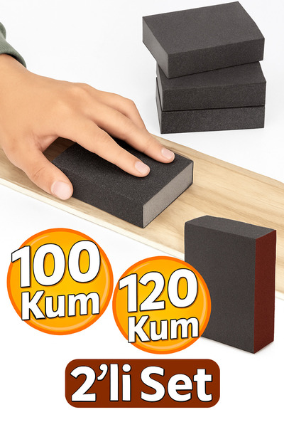 LEOX 2'li Sünger Zımpara Seti 100-120 Kum | Ahşap Metal Mobilya Hobi İçin Islak Kuru Kullanıma Uygun