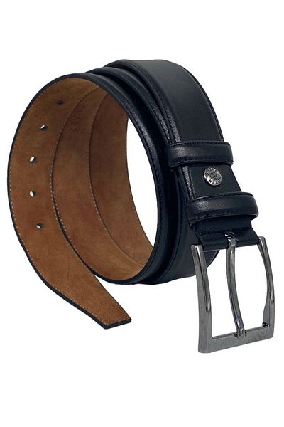 Süzer Deri Black Faux Leather Plain Model Stitched 3.5 Cm Classic Belt - 8000-flat