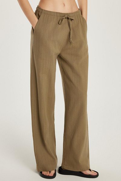 Tudors Women's Relax Fit Relaxed Cut Elastic Waist Tie Khaki Trousers