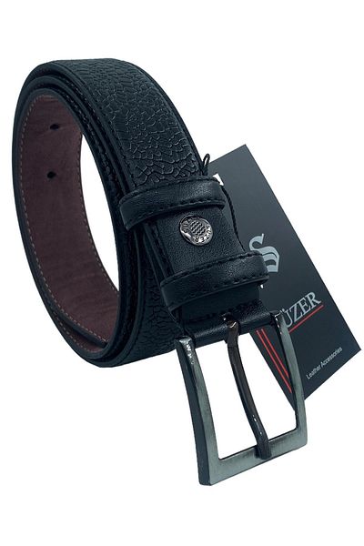 Süzer Deri Black Child Size Faux Leather Vein Patterned Model 3 cm Classic Belt - G63-23TM