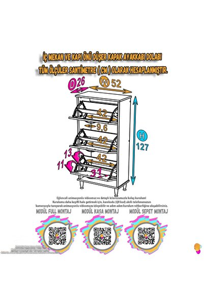 Modilayn VARBİ Kapı Önü 52 x 127 x 25, 5 cm’ lik 3 Düşer Kapak 6 Göz Bölmeli Ayakkabılık