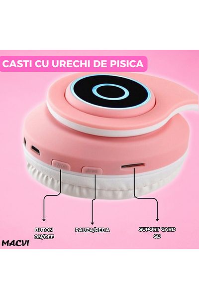 MACVI Casti Macvi® Wireless Pliabile cu Urechi de Pisica, Bluetooth 5.0, HiFi, Bass Stereo, LED, Roz