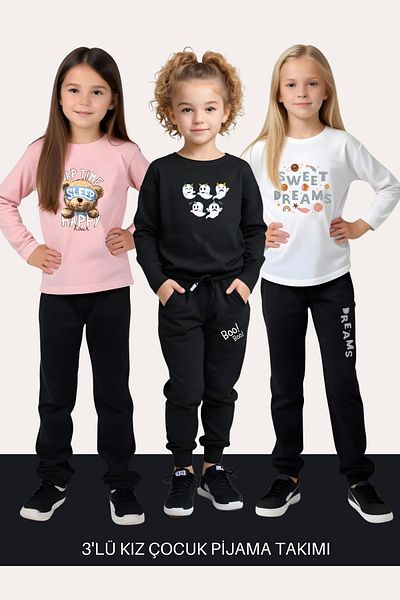 FYK KİDS Комплект пижама с щампа с обло деколте Sweat Dreams за момичета - комплект от 3 части