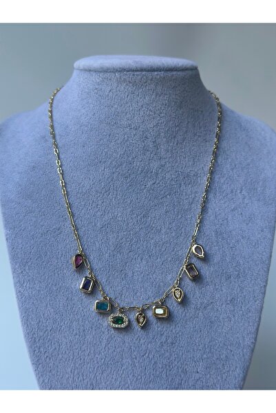 Aksu Atelier Colorful Stone Detailed Gold Chain Necklace – Charm Model