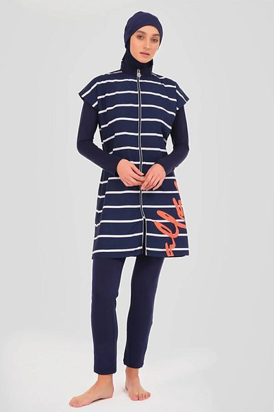 Bordomix 24303 Women's Navy Blue Striped Hijab Swimsuit