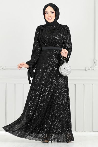 ModaMerve Βραδινό φόρεμα Hijab με μανσέτα με κορδόνια 5690END900-M Μαύρο