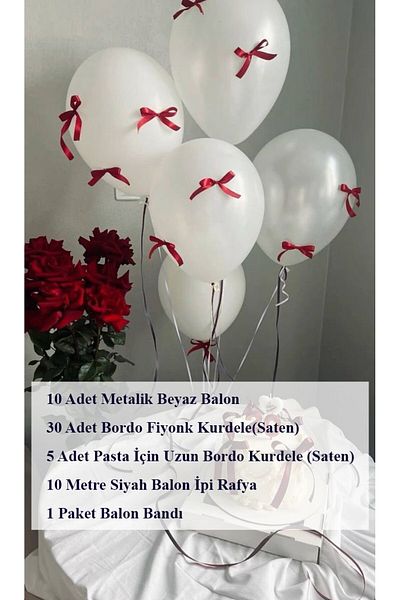 PartyPoo 10-Piece Metallic White Balloon and Burgundy Bow Birthday Set Cake Decoration Set Balloon with Ribbon