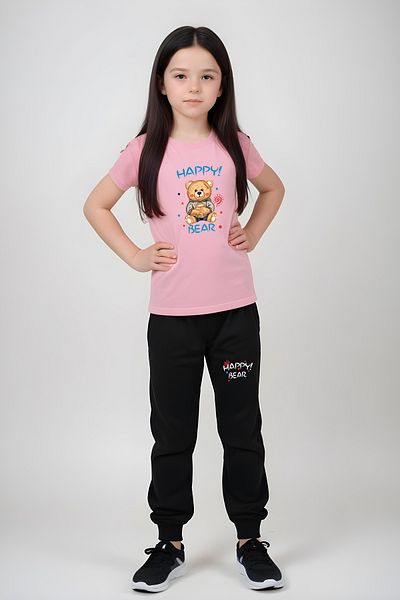 FYK KİDS Girl's Printed Happy Bear Waist Detail Elasti̇Kli̇ Alt-Top Pi̇Jama Set