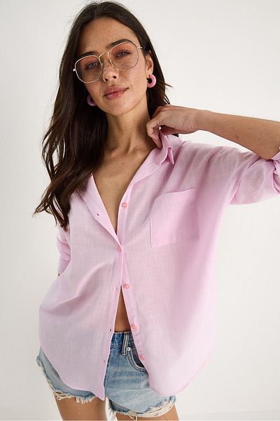 Bianco Lucci Women's Single Pocket Oversize Linen Shirt 25626 60284054