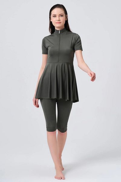 Bordomix 23722 Women's Khaki Flared Skirt Short Sleeve Semi Covered Swimsuit