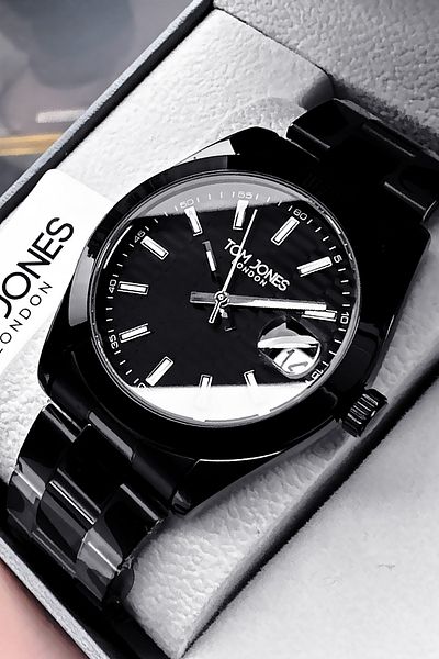 Tom Jones Calendar Men's Wristwatch 3 Atm Waterproof Black Color Steel Cord Bracelet Gift Gtje2055C5