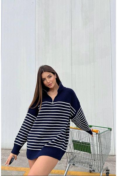 NZL TEKSTİL Dgn's Zippered-Stripe Oversize Women's Knitwear Sweater