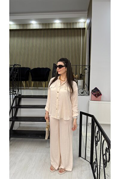 Butik Krem saten taşlı gömlek beli lastikli pantolon ikili takım
