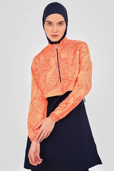 Bordomix 24300 Women's Black Orange Patterned Crop Look Hijab Swimsuit