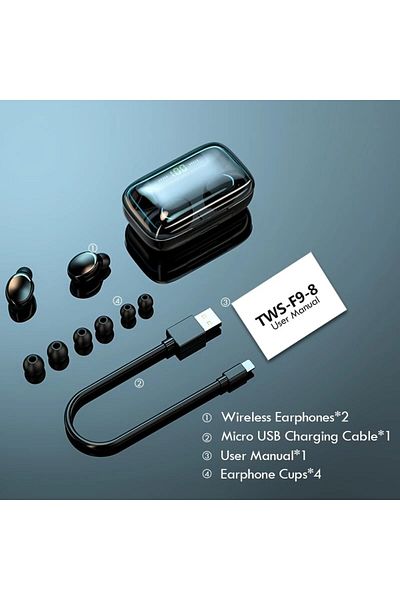 MACVI Casti In Ear Macvi® TWS F9, Bluetooth 5.0, Volum, Microfon, Handsfree, Android & iOS, Negre